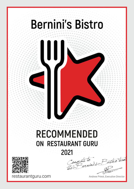 Restaurant Guru certificate: Bernini’s Bistro, Recommended, 2021