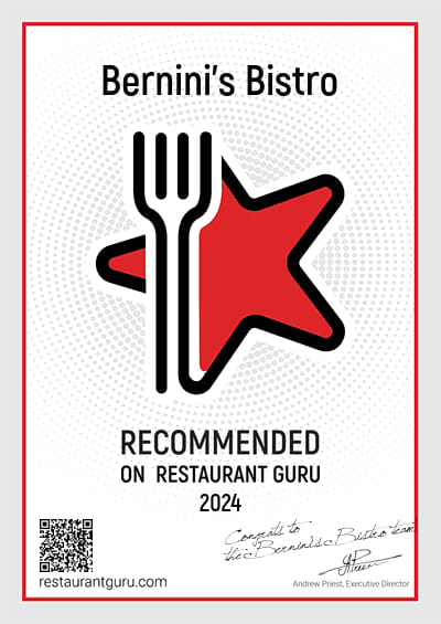 Restaurant Guru certificate: Bernini’s Bistro, Recommended, 2024